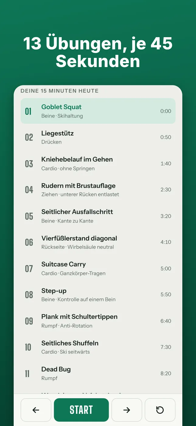 13 Übungen, je 45 Sekunden