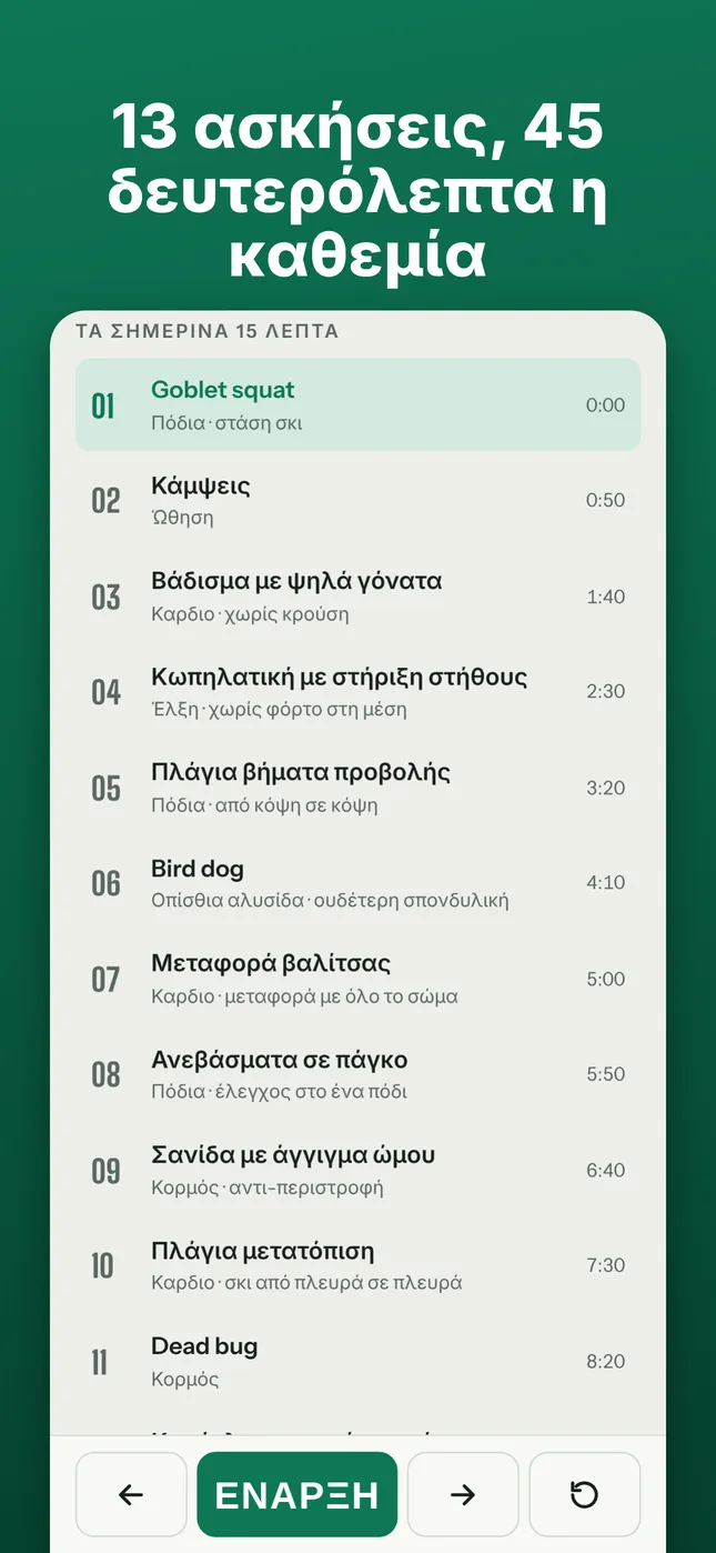 13 ασκήσεις, 45 δευτερόλεπτα η καθεμία