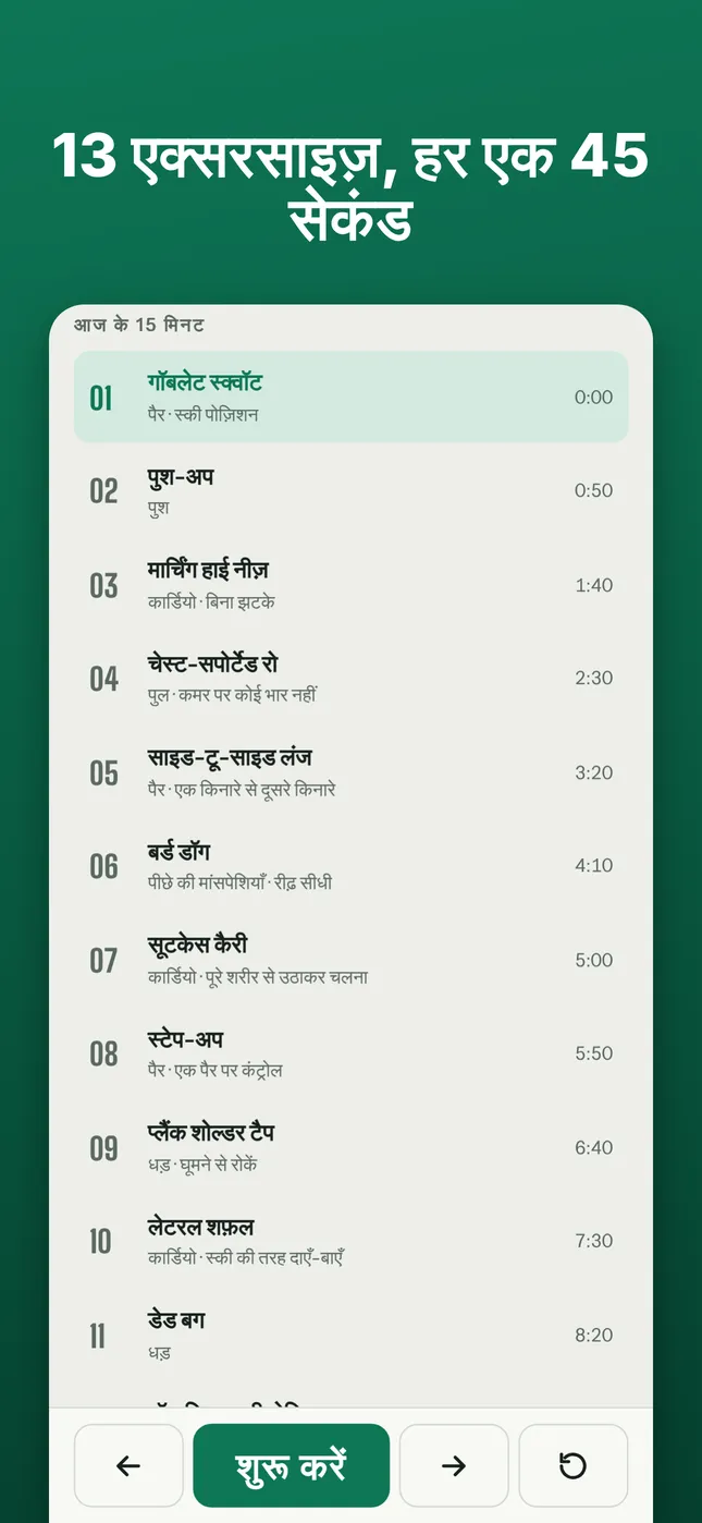 13 एक्सरसाइज़, हर एक 45 सेकंड