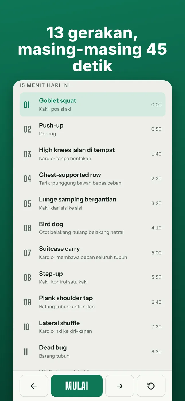 13 gerakan, masing-masing 45 detik