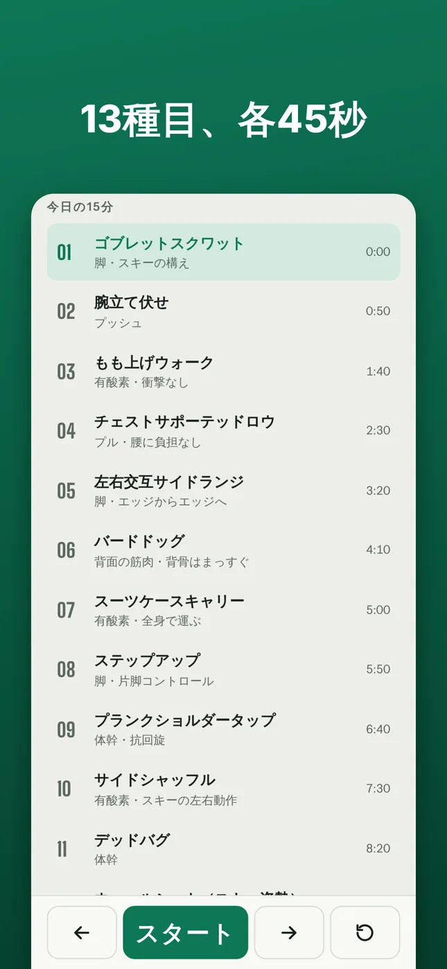 13種目、各45秒