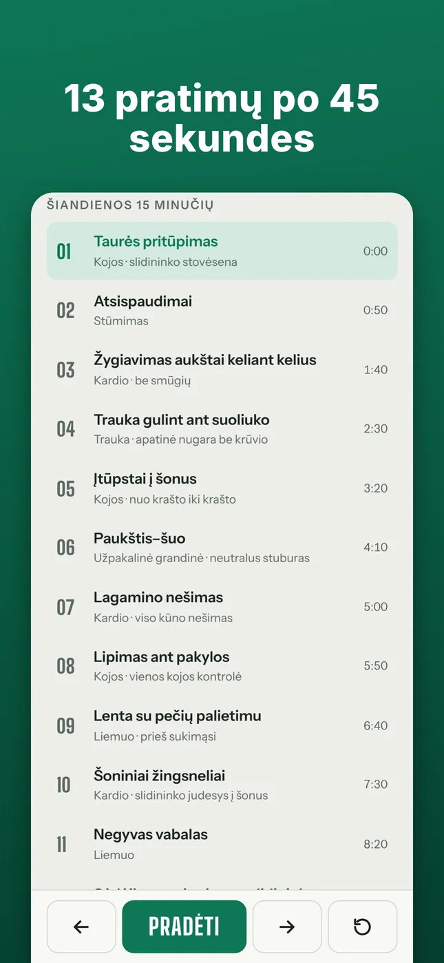 13 pratimų po 45 sekundes